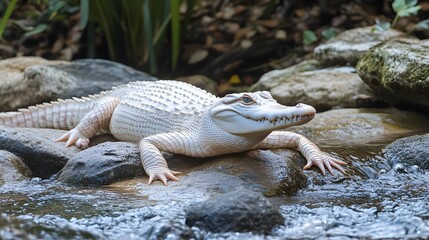 Fototapeta premium Albino Alligator Resting on Rocks Near Water