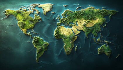 Modern green world map with lush green continents, ocean in deep blue, highresolution details and dynamic lighting effects