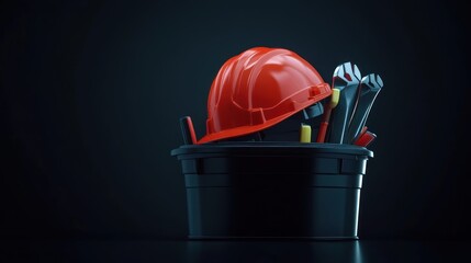 Construction Tools and Safety Gear in a Black Bucket