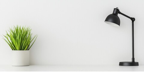 Freedom with Flexible Teleworking Spaces. A minimalistic scene featuring a black lamp beside a potted plant on a clean white surface, creating a fresh and modern workspace aesthetic.