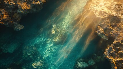 Obraz premium Stunning Coral Reef Illuminated by Golden Sunlight Underwater