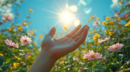 A hand reaches for sunshine in a blue sky, symbolizing faith, hope, and inspiration for spiritual support and worship.
