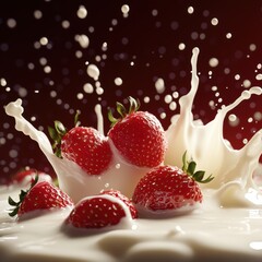 Strawberries splashing in cream kitchen food photography rustic setting close-up freshness
