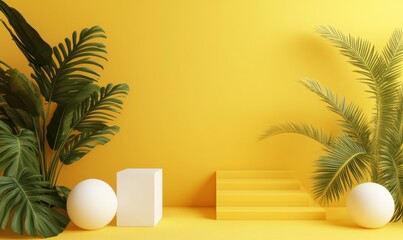 Yellow background with white geometric shapes and tropical plants.