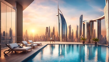 modern luxury architecture in dubai stylish penthouse apartment with large balcony and swimming pool