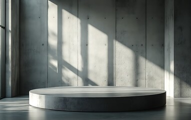 Minimalist concrete platform in sunlit room.