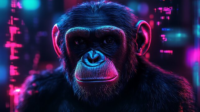 Neon Lit Chimpanzee Digital Art Portrait