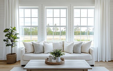 Bright living room with large windows, white couch, and plants offering a view of a tranquil landscape.