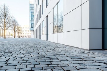 Contemporary city building with tall white walls beside bare sidewalk covered in gray stones during spring With copy space for text