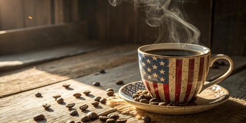 American Coffee Morning: A steaming cup of coffee in a vintage American flag mug sits on a rustic wooden table, surrounded by coffee beans. The warm sunlight streams in from a nearby window.