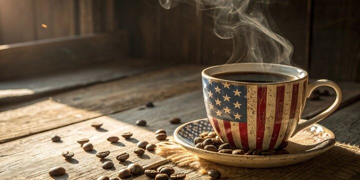 American Coffee Morning: A steaming cup of coffee in a vintage American flag mug sits on a rustic wooden table, surrounded by coffee beans. The warm sunlight streams in from a nearby window.