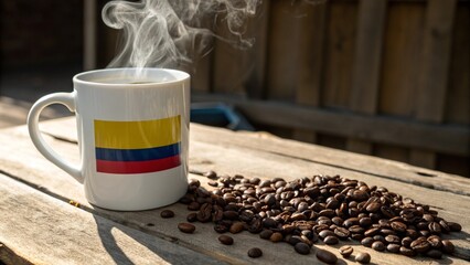  Colombian Coffee Culture: A steaming mug adorned with the Colombian flag rests amidst a scattering of roasted coffee beans, capturing the essence of Colombian coffee culture.  