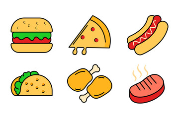 Set of flat icons related to fast food. Fast food and junk food icon collection