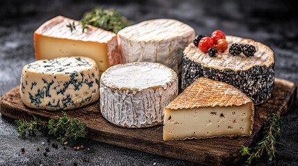 Large selection of French ripened cheeses displayed on a rustic wooden board offering variety and indulgence a symbol of cultural heritage quality craftsmanship and culinary tradition with space for t