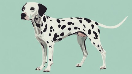 Dalmatian dog illustration with distinct black spots on a serene mint green backdrop showcasing playful elegance and charm.