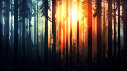 Serene Forest with Glowing Sunset Through Tall Trees