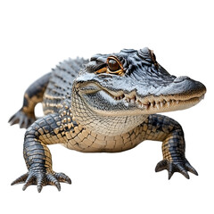 Fototapeta premium Angled view full body shot of an extremely perfect looking single Australian Saltwater Crocodile animal isolated on a white transparent background