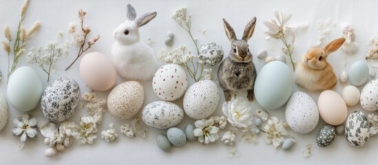 Obraz premium Easter decoration flat lay featuring pastel eggs, decorative bunnies, and floral accents on a light background with ample copy space.