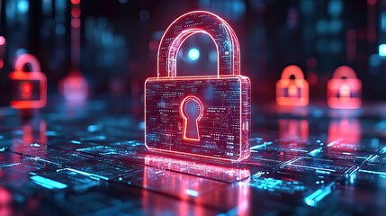 A holographic 3D lock in an office setting symbolizes cybersecurity, password protection, and data safety in cloud computing.