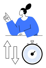 Woman gesturing arrows indicating change and a stopwatch. Ideal for business strategy, time management, decision making, workflow, efficiency, productivity, performance review. Line metaphor