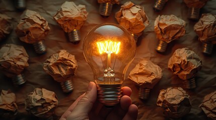 A light bulb and crumpled paper symbolize creative problem-solving.