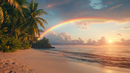Fototapeta premium Tropical beach sunset with rainbow.