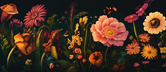 Vibrant floral bouquet with diverse blooms showcasing rich colors and textures against a dark background for a captivating visual display