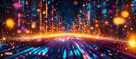 Futuristic cityscape with glowing lights and dynamic colorful trails representing technology and performance in gaming and graphics innovation