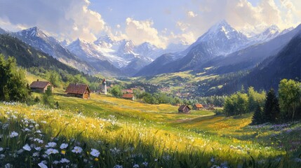 Fototapeta premium Serene mountain village at sunrise with lush meadows and blooming wildflowers in a tranquil natural landscape.
