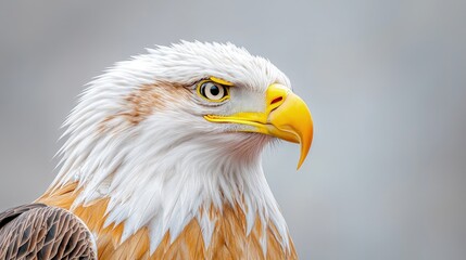 Obraz premium Close-up of a majestic bald eagle's head and shoulders, showcasing its sharp gaze and vibrant plumage.