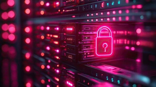A lock in a server with neon lights represents information technology safety, data protection, and cybersecurity.