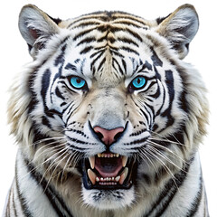 Naklejka premium White Tiger Blue Eye roaring isolated on white background as transparent. PNG. AI GENERATED
