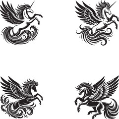 Elegant Pegasus and Unicorn Silhouettes - Mythical Winged Horse Illustrations