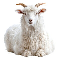 Obraz premium Angled view full body shot of an extremely perfect looking single Angora Goat animal isolated on a white transparent background