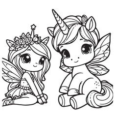 Coloring book cute fairy with unicorn 