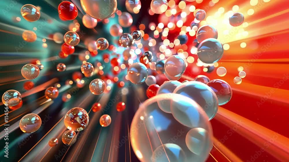 Poster big data stream of colorful spheres flowing and moving in cyberspace, creating a dynamic and abstrac