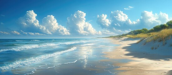 Obraz premium Serene beach landscape with gentle waves under a clear blue sky and soft clouds reflecting in the tranquil waters at sunrise.