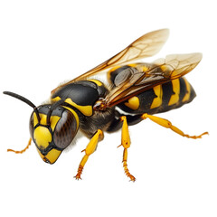 Angled view full body shot of an extremely perfect looking single Asian Hornet animal isolated on a white transparent background