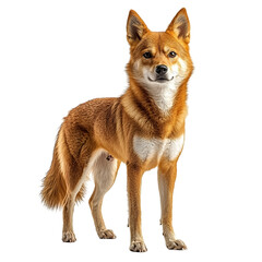 Fototapeta premium Angled view full body shot of an extremely perfect looking single Australian Dingo animal isolated on a white transparent background
