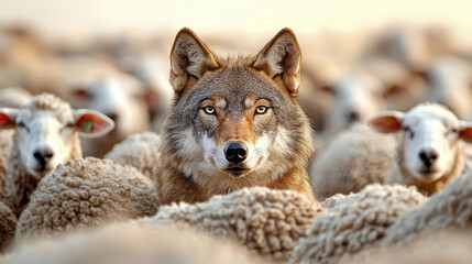 Obraz premium wolf disguised among sheep, showcasing striking contrast in nature. wolf intense gaze captures essence of survival and instinct in pastoral setting