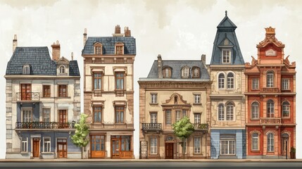 Obraz premium Charming architectural facades of historic provincial houses showcasing diverse styles and intricate details in a picturesque setting.