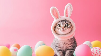 Modern Easter banner of a cute tabby kitten dressed in bunny ears, sitting with a backdrop of vibrant Easter eggs. Perfect for Easter celebrations and festive themes.
