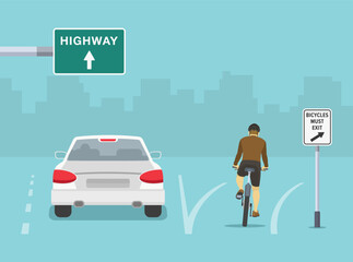 Traffic regulation rules and tips. Bicycles must exit sign. Cyclist turns right, car travels straight on highway. Back view. Flat vector illustration template.