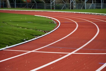 A red running track with white lane markings curves gently. Lush green grass borders the track. The scene suggests athletic competition and speed.