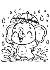 Coloring book cute elephant play rain water