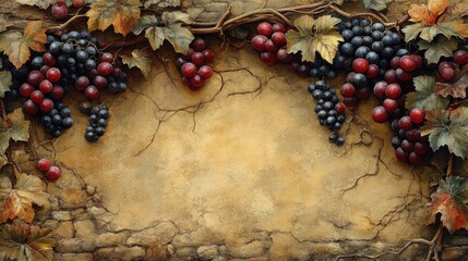 Botanical poster background featuring lush grapes and autumn leaves ideal for harvest advertising and wine related promotions.