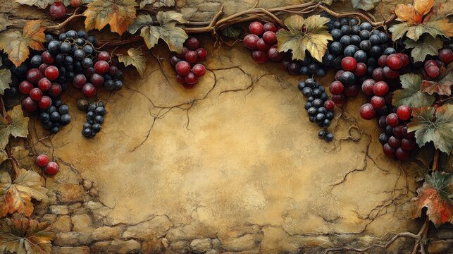 Botanical poster background featuring lush grapes and autumn leaves ideal for harvest advertising and wine related promotions.