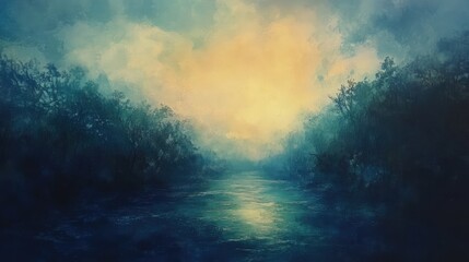 Fototapeta premium Serene river landscape at dawn with soft hues symbolizing hope and new beginnings in a tranquil natural setting.