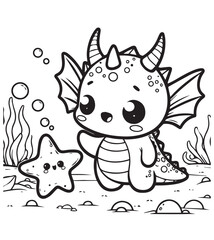 Coloring book cute dragon with star