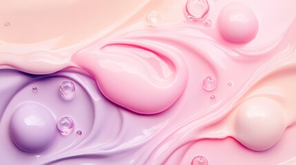 Colorful creamy texture background for cosmetics featuring soft pink and purple hues with droplets for skincare product design.